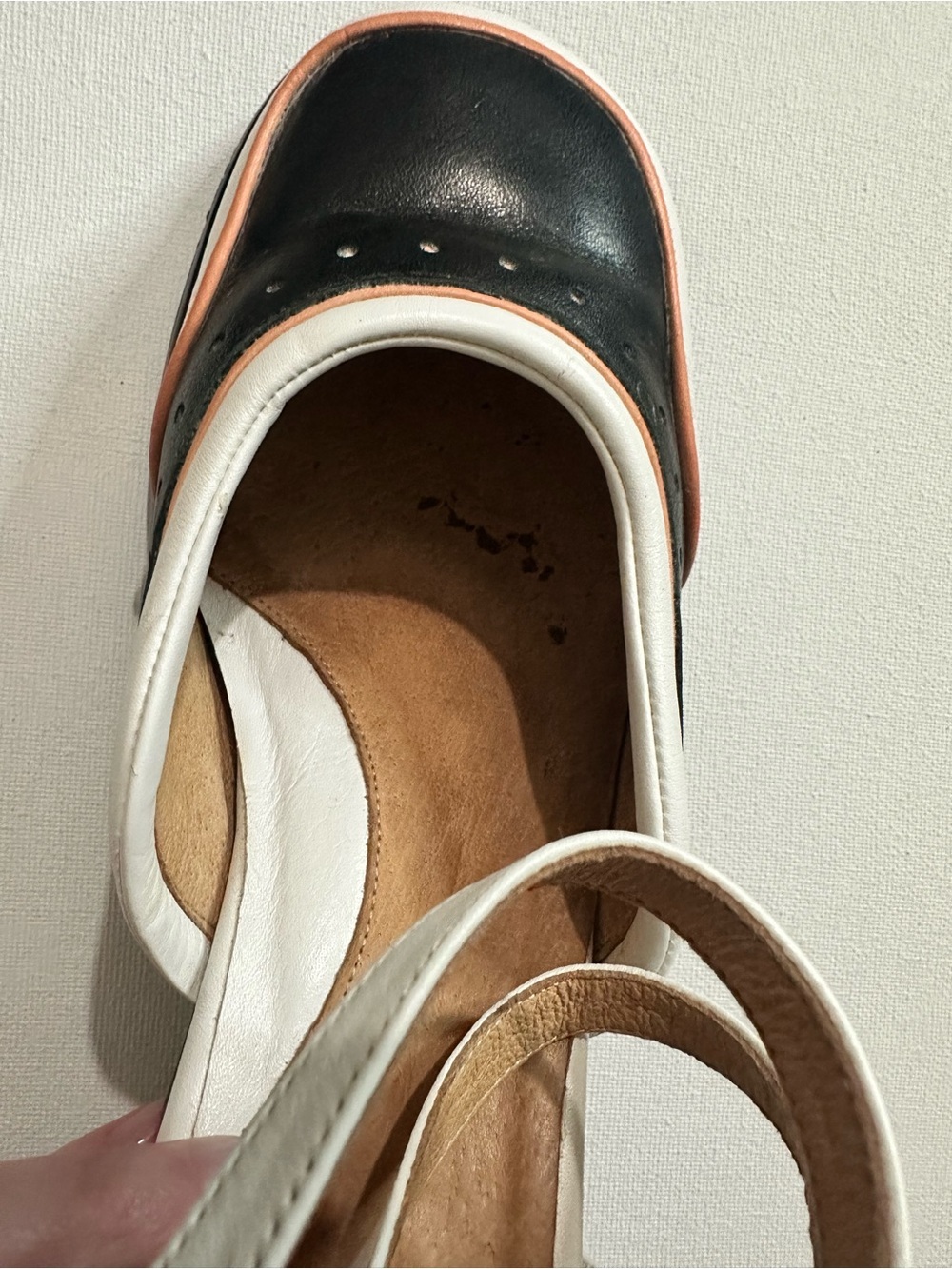John Fluevog Mini Qtee Double Ankle-Strap Pumps Black, White Peach Trim Heels 10 - Picture 13 of 14